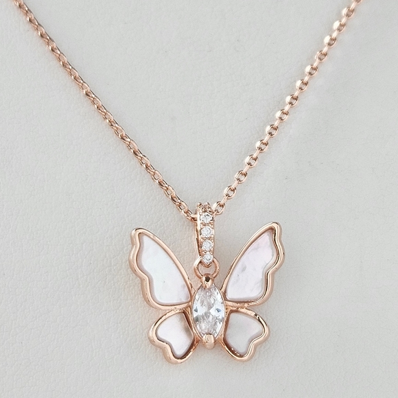 Rose Gold Butterfly Necklace with pink Mother of Pearl, Charmed Aroma - Picture 2 of 8